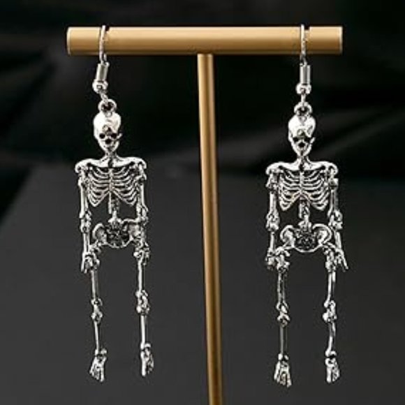 Silver Dangling Skeleton Earrings Halloween Party Gothic Jointed Skeletons New - Picture 1 of 2